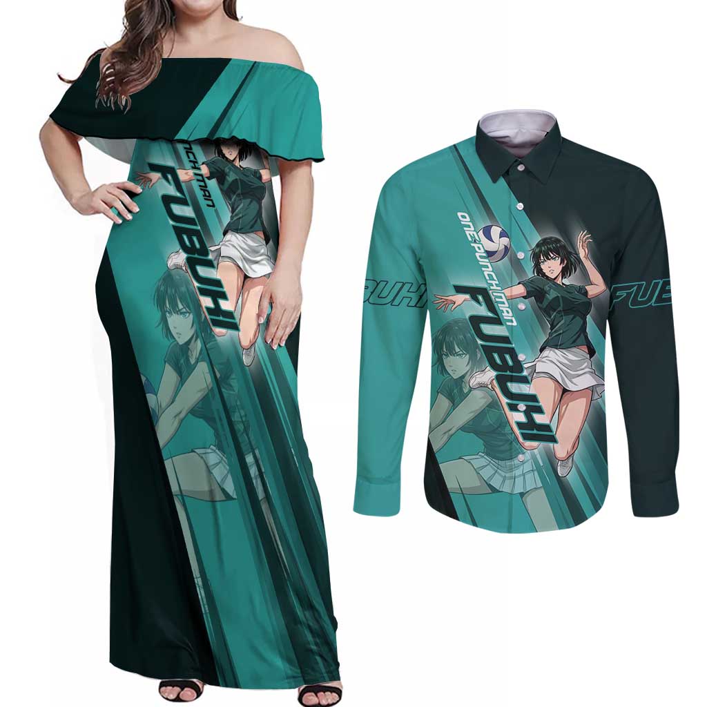 Personalized Fubuki Volleyball Design Couples Matching Off Shoulder Maxi Dress and Long Sleeve Button Shirt with Teal Athletic Theme and Dynamic Action Pose