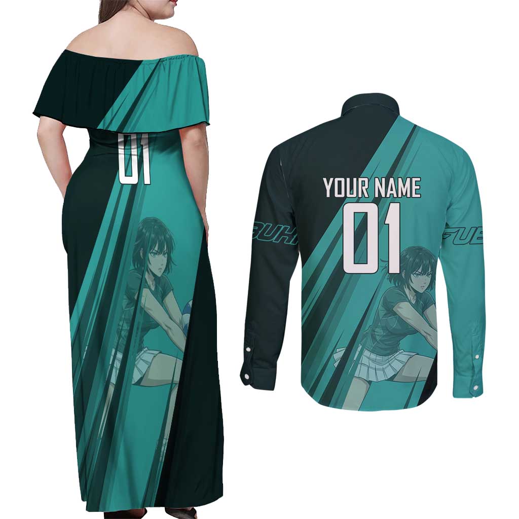 Personalized Fubuki Volleyball Design Couples Matching Off Shoulder Maxi Dress and Long Sleeve Button Shirt with Teal Athletic Theme and Dynamic Action Pose