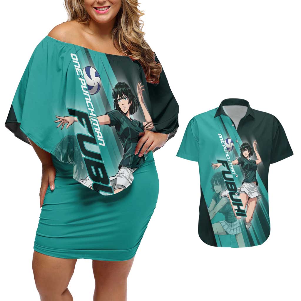 Personalized Fubuki Volleyball Design Couples Matching Off Shoulder Short Dress and Hawaiian Shirt with Teal Athletic Theme and Dynamic Action Pose
