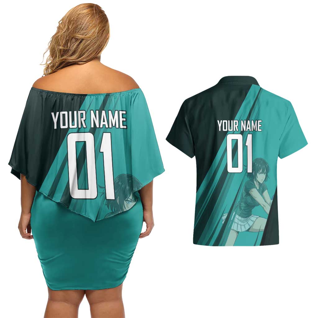 Personalized Fubuki Volleyball Design Couples Matching Off Shoulder Short Dress and Hawaiian Shirt with Teal Athletic Theme and Dynamic Action Pose