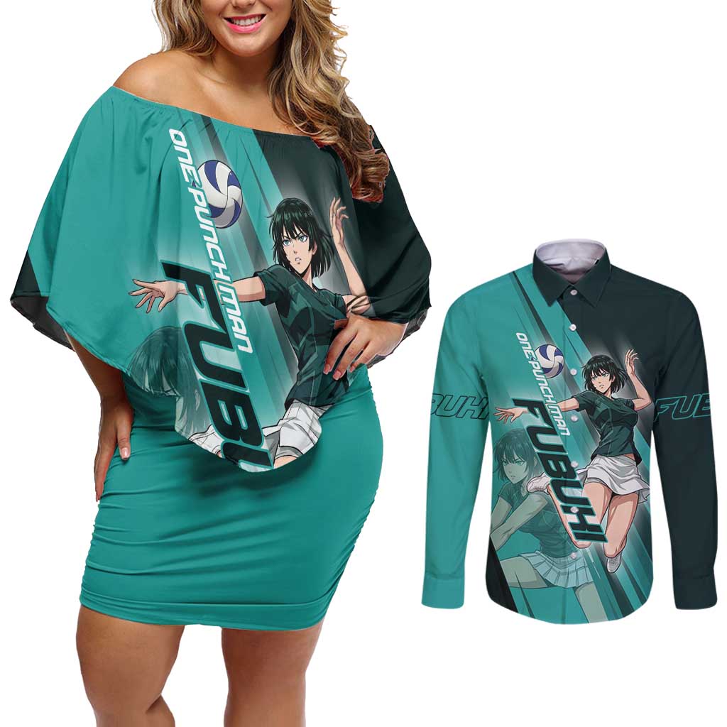 Personalized Fubuki Volleyball Design Couples Matching Off Shoulder Short Dress and Long Sleeve Button Shirt with Teal Athletic Theme and Dynamic Action Pose