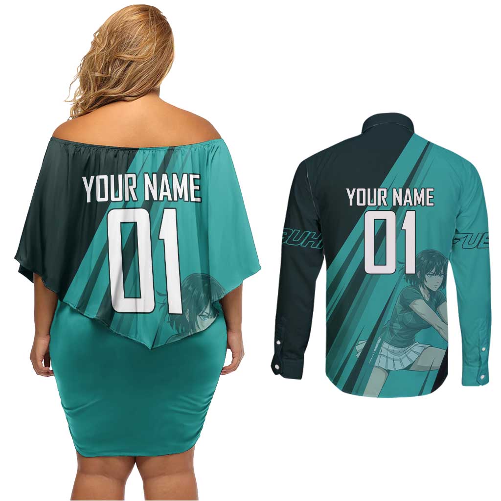 Personalized Fubuki Volleyball Design Couples Matching Off Shoulder Short Dress and Long Sleeve Button Shirt with Teal Athletic Theme and Dynamic Action Pose