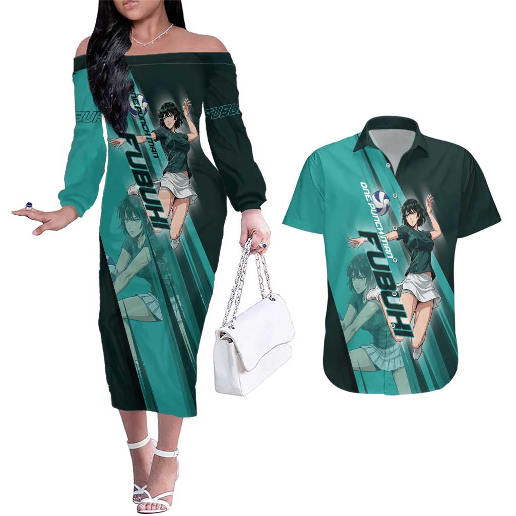 Personalized Fubuki Volleyball Design Couples Matching Off The Shoulder Long Sleeve Dress and Hawaiian Shirt with Teal Athletic Theme and Dynamic Action Pose