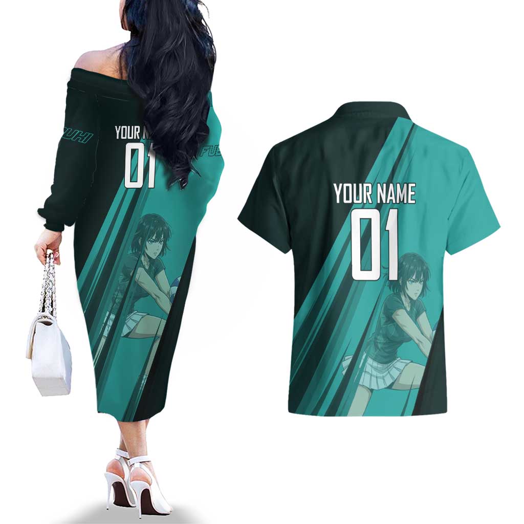 Personalized Fubuki Volleyball Design Couples Matching Off The Shoulder Long Sleeve Dress and Hawaiian Shirt with Teal Athletic Theme and Dynamic Action Pose