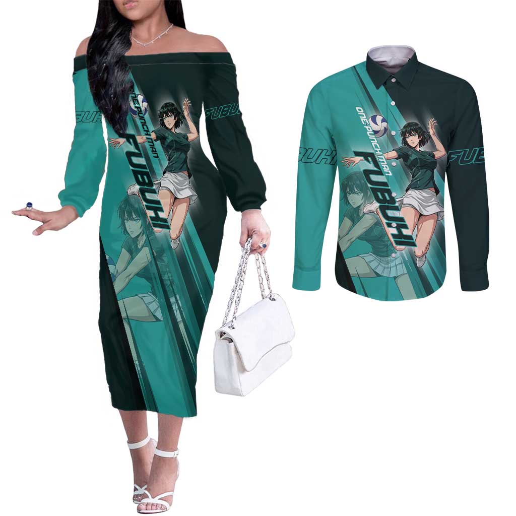 Personalized Fubuki Volleyball Design Couples Matching Off The Shoulder Long Sleeve Dress and Long Sleeve Button Shirt with Teal Athletic Theme and Dynamic Action Pose