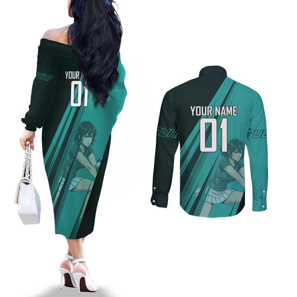 Personalized Fubuki Volleyball Design Couples Matching Off The Shoulder Long Sleeve Dress and Long Sleeve Button Shirt with Teal Athletic Theme and Dynamic Action Pose
