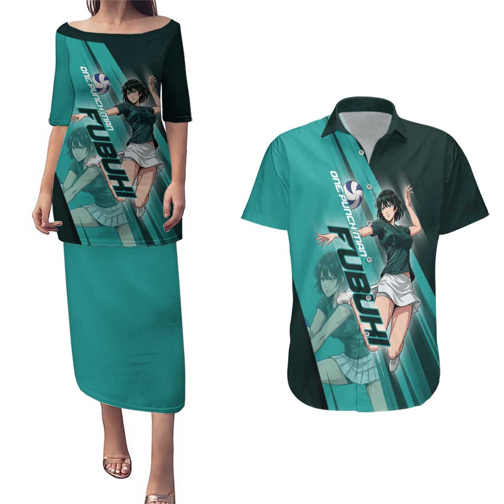 Personalized Fubuki Volleyball Design Couples Matching Puletasi and Hawaiian Shirt with Teal Athletic Theme and Dynamic Action Pose