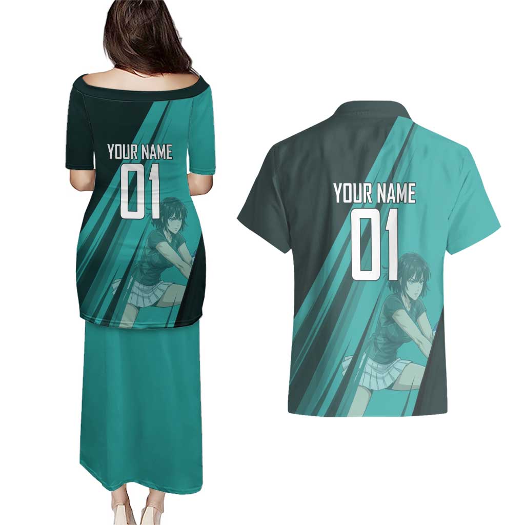 Personalized Fubuki Volleyball Design Couples Matching Puletasi and Hawaiian Shirt with Teal Athletic Theme and Dynamic Action Pose