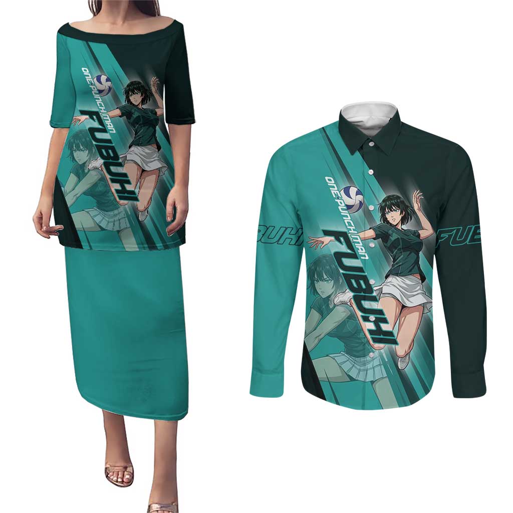 Personalized Fubuki Volleyball Design Couples Matching Puletasi and Long Sleeve Button Shirt with Teal Athletic Theme and Dynamic Action Pose