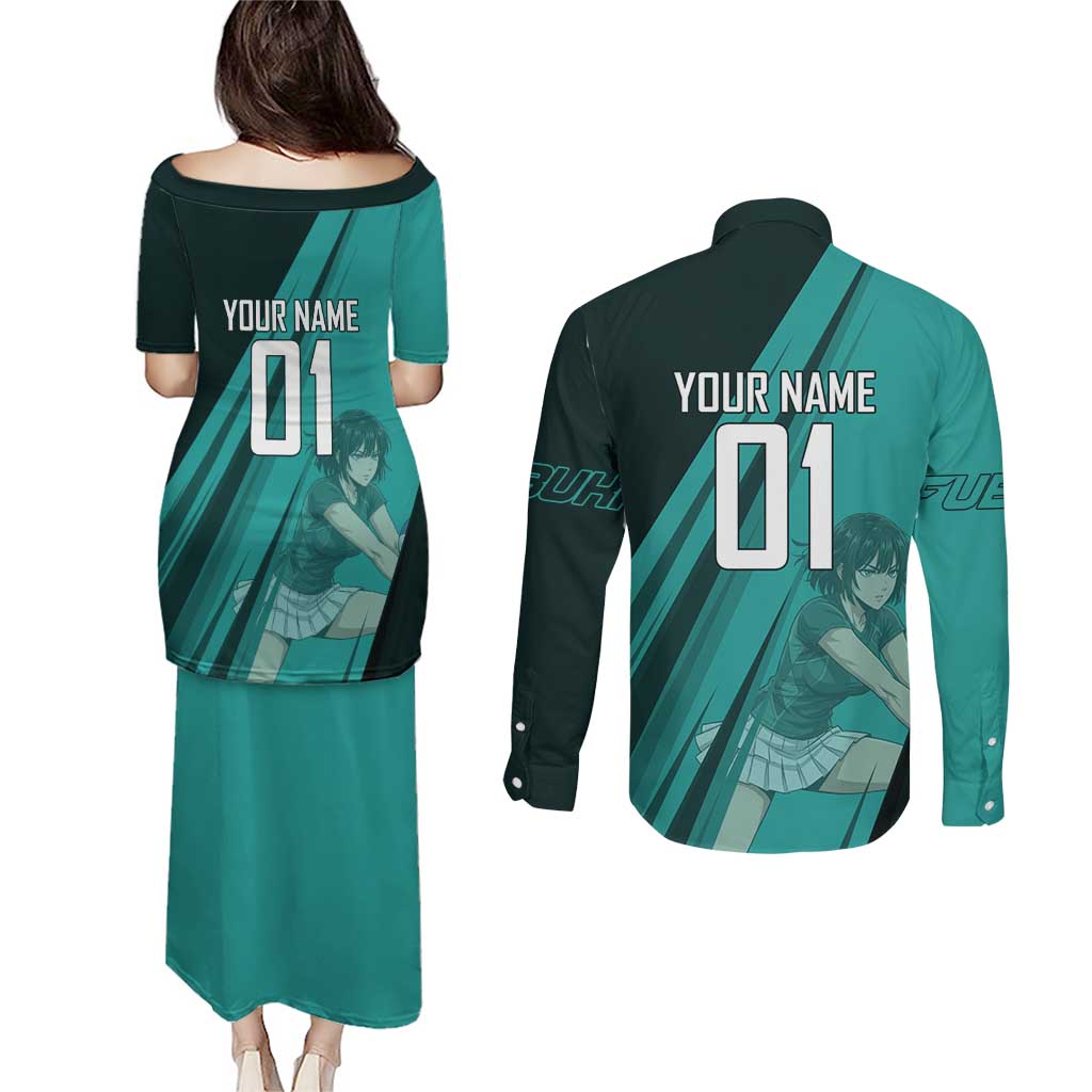 Personalized Fubuki Volleyball Design Couples Matching Puletasi and Long Sleeve Button Shirt with Teal Athletic Theme and Dynamic Action Pose