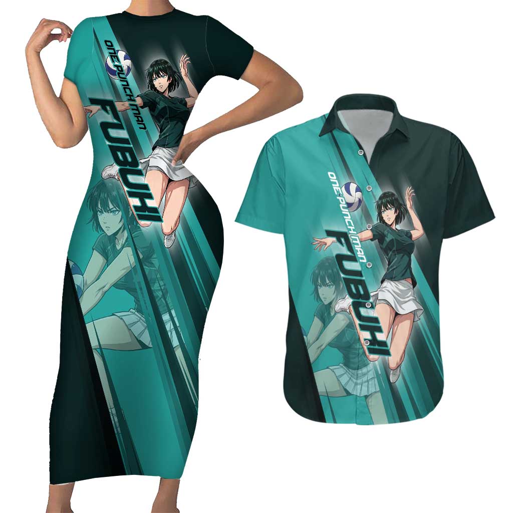 Personalized Fubuki Volleyball Design Couples Matching Short Sleeve Bodycon Dress and Hawaiian Shirt with Teal Athletic Theme and Dynamic Action Pose