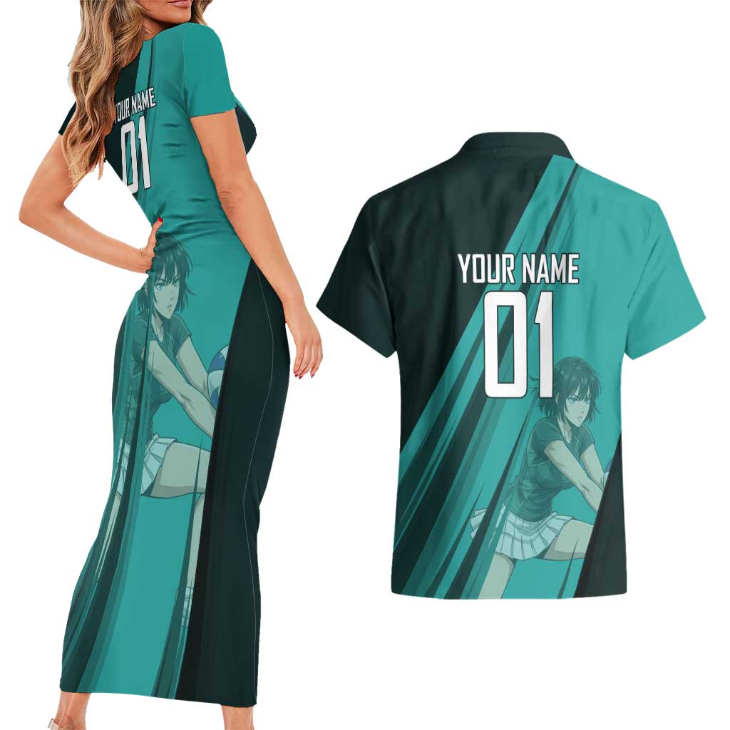 Personalized Fubuki Volleyball Design Couples Matching Short Sleeve Bodycon Dress and Hawaiian Shirt with Teal Athletic Theme and Dynamic Action Pose