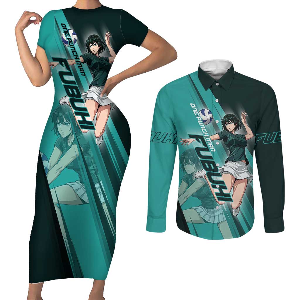 Personalized Fubuki Volleyball Design Couples Matching Short Sleeve Bodycon Dress and Long Sleeve Button Shirt with Teal Athletic Theme and Dynamic Action Pose