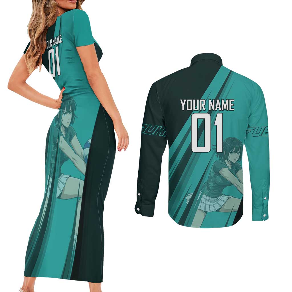 Personalized Fubuki Volleyball Design Couples Matching Short Sleeve Bodycon Dress and Long Sleeve Button Shirt with Teal Athletic Theme and Dynamic Action Pose