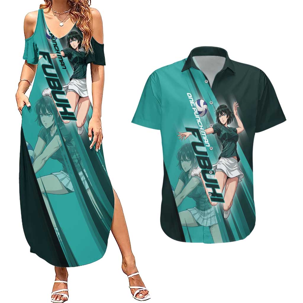 Personalized Fubuki Volleyball Design Couples Matching Summer Maxi Dress and Hawaiian Shirt with Teal Athletic Theme and Dynamic Action Pose