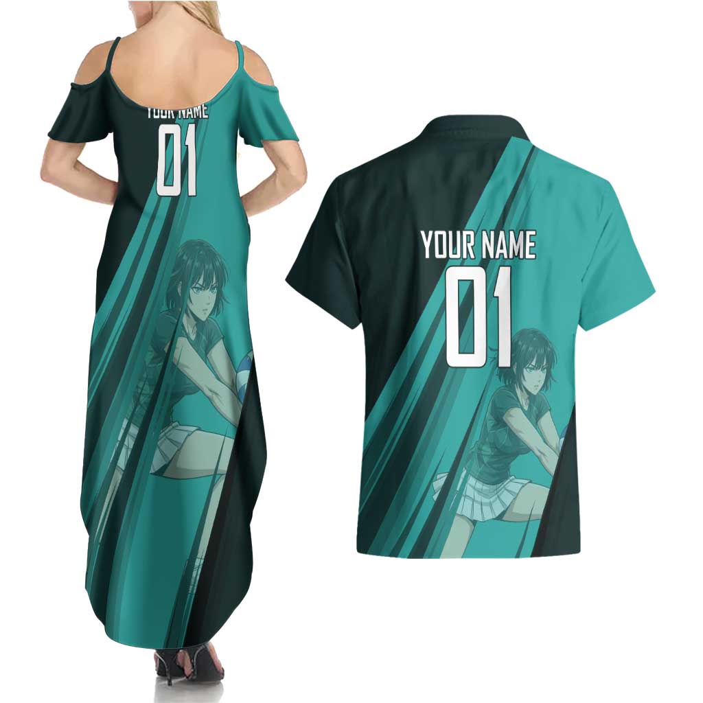 Personalized Fubuki Volleyball Design Couples Matching Summer Maxi Dress and Hawaiian Shirt with Teal Athletic Theme and Dynamic Action Pose