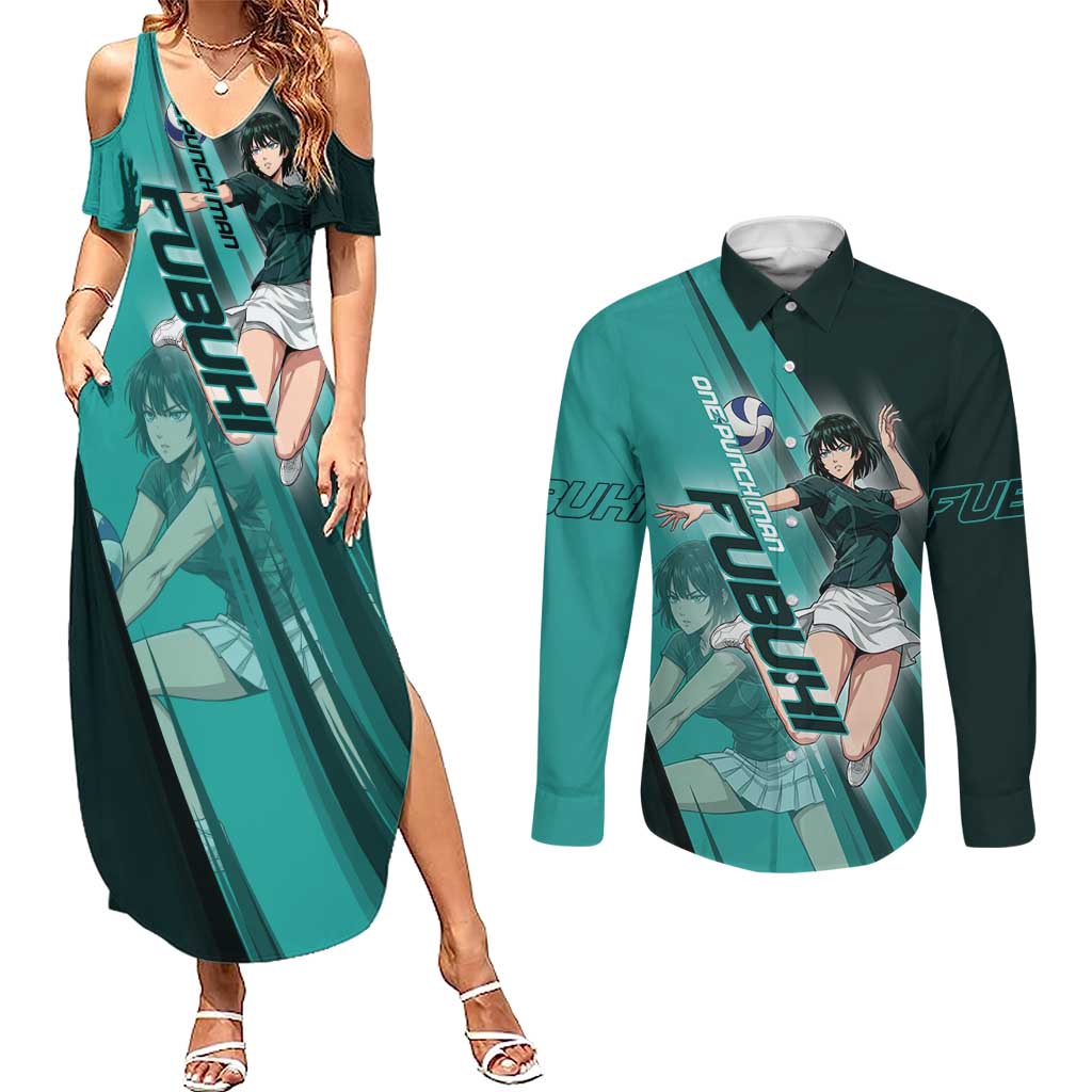 Personalized Fubuki Volleyball Design Couples Matching Summer Maxi Dress and Long Sleeve Button Shirt with Teal Athletic Theme and Dynamic Action Pose