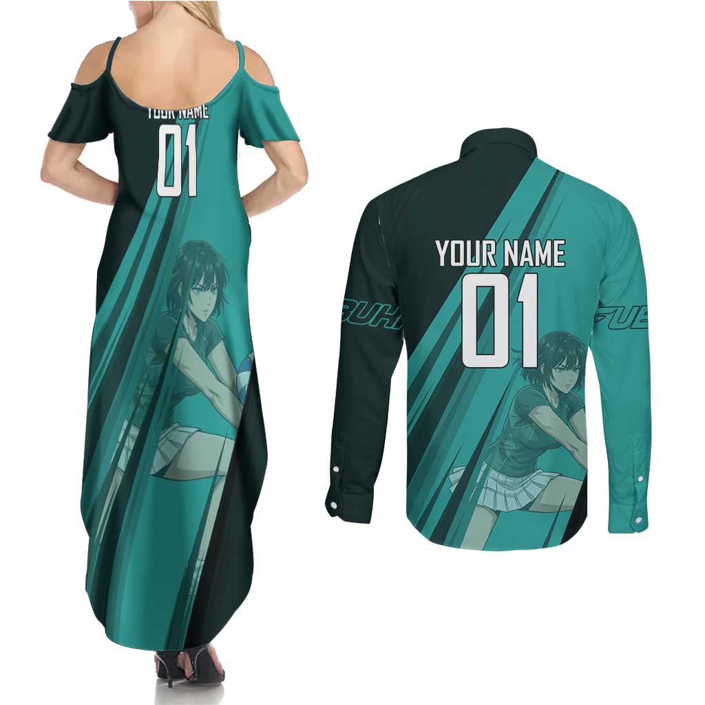 Personalized Fubuki Volleyball Design Couples Matching Summer Maxi Dress and Long Sleeve Button Shirt with Teal Athletic Theme and Dynamic Action Pose
