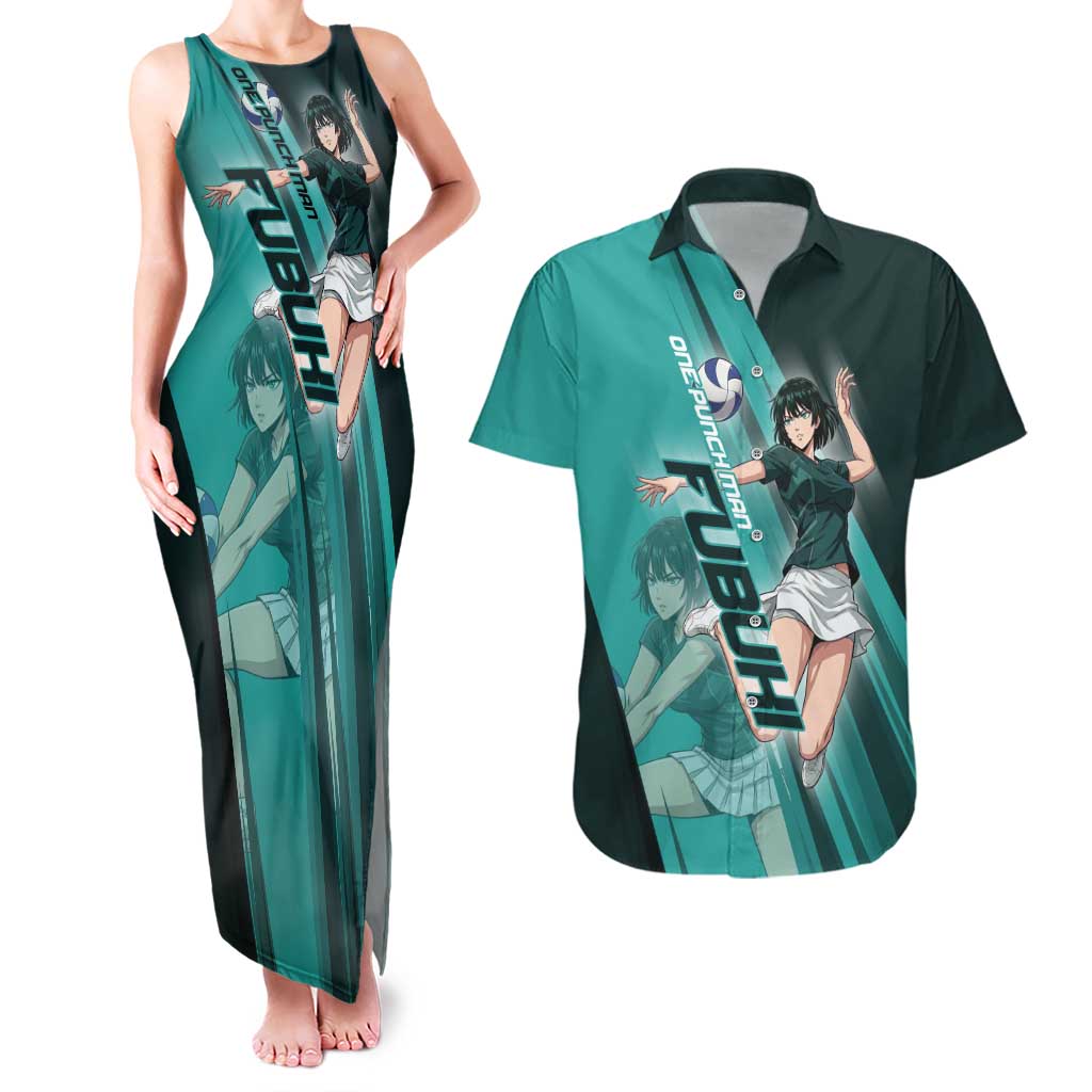 Personalized Fubuki Volleyball Design Couples Matching Tank Maxi Dress and Hawaiian Shirt with Teal Athletic Theme and Dynamic Action Pose
