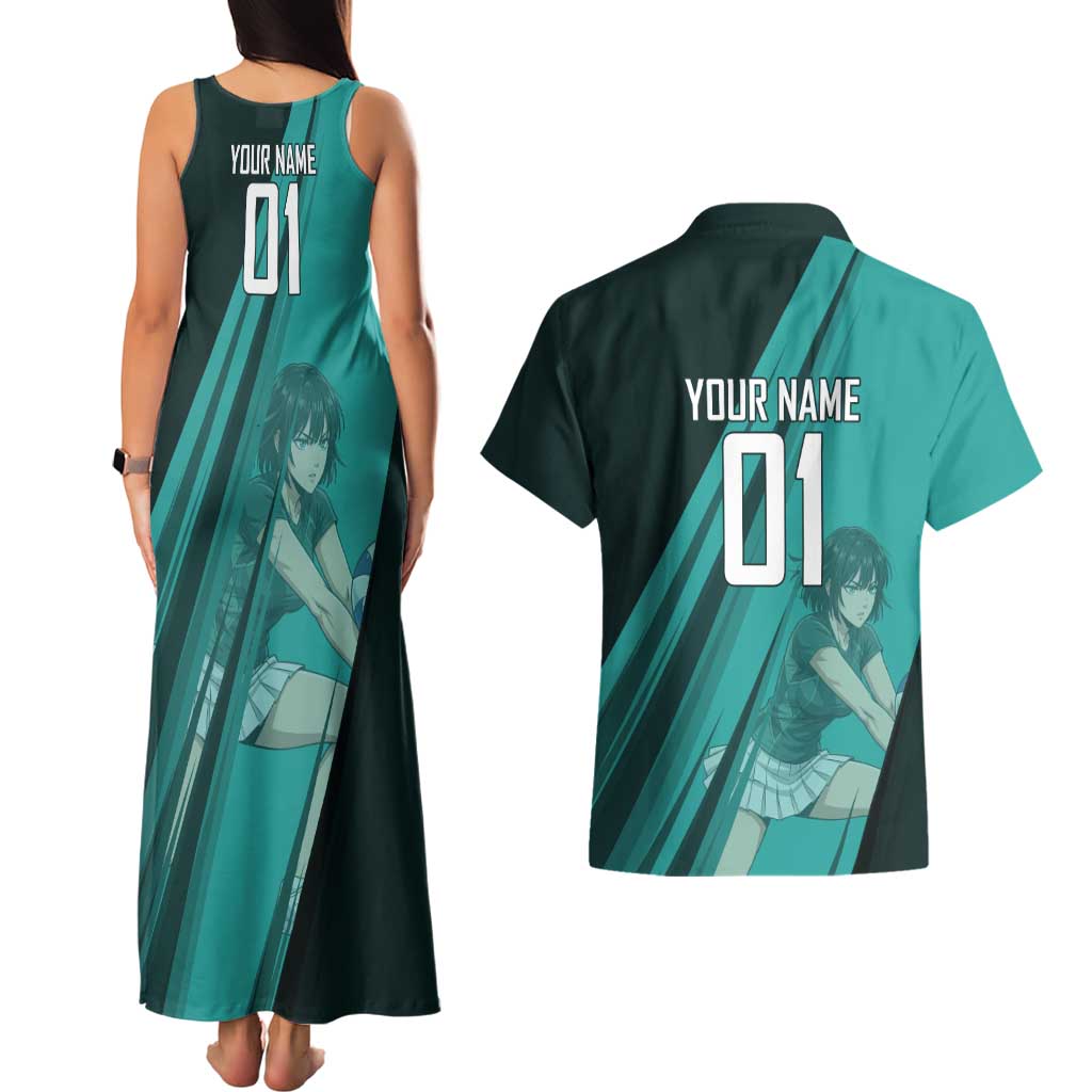 Personalized Fubuki Volleyball Design Couples Matching Tank Maxi Dress and Hawaiian Shirt with Teal Athletic Theme and Dynamic Action Pose