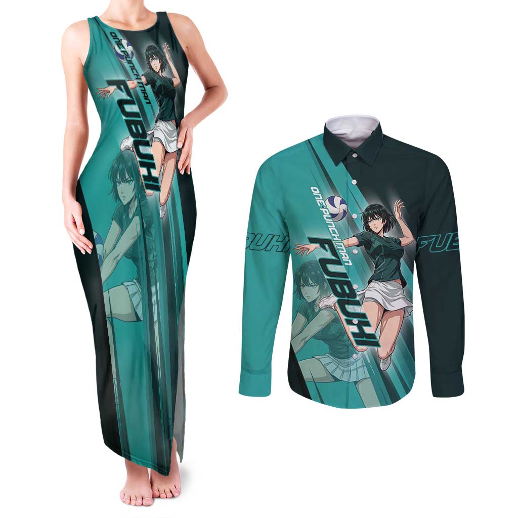 Personalized Fubuki Volleyball Design Couples Matching Tank Maxi Dress and Long Sleeve Button Shirt with Teal Athletic Theme and Dynamic Action Pose