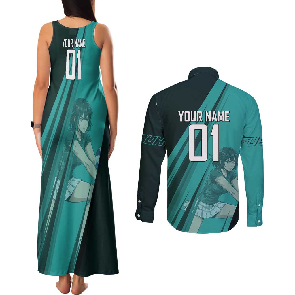 Personalized Fubuki Volleyball Design Couples Matching Tank Maxi Dress and Long Sleeve Button Shirt with Teal Athletic Theme and Dynamic Action Pose