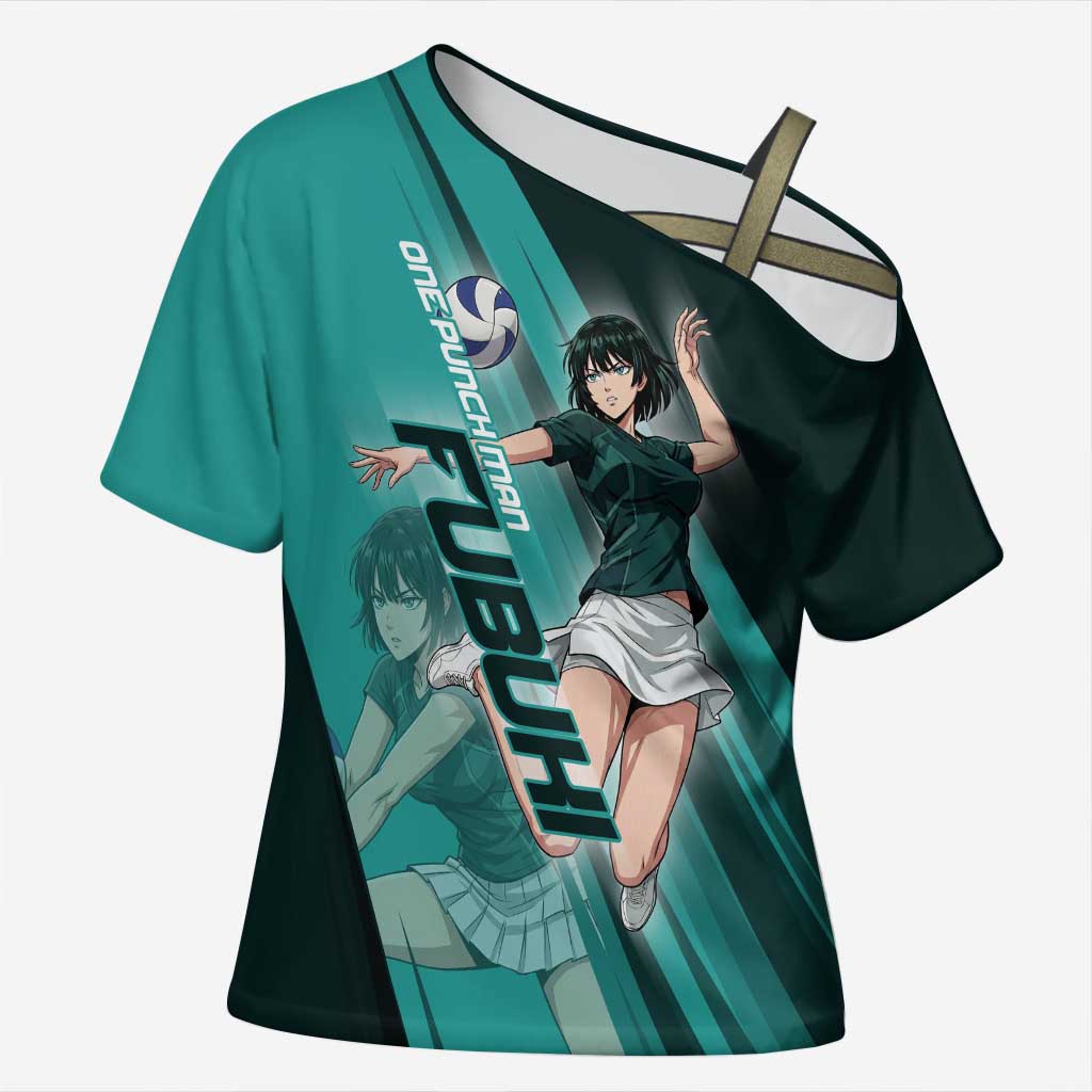 Personalized Fubuki Volleyball Design Cross Shoulder Shirt with Teal Athletic Theme and Dynamic Action Pose
