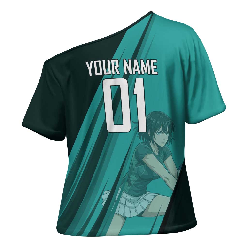 Personalized Fubuki Volleyball Design Cross Shoulder Shirt with Teal Athletic Theme and Dynamic Action Pose