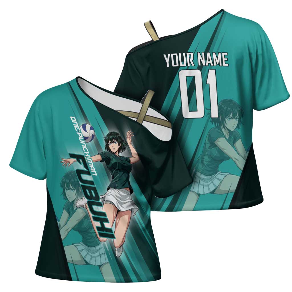Personalized Fubuki Volleyball Design Cross Shoulder Shirt with Teal Athletic Theme and Dynamic Action Pose
