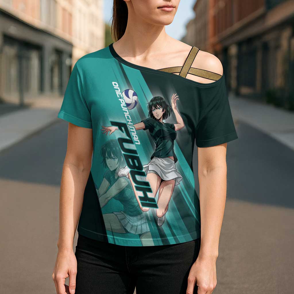 Personalized Fubuki Volleyball Design Cross Shoulder Shirt with Teal Athletic Theme and Dynamic Action Pose
