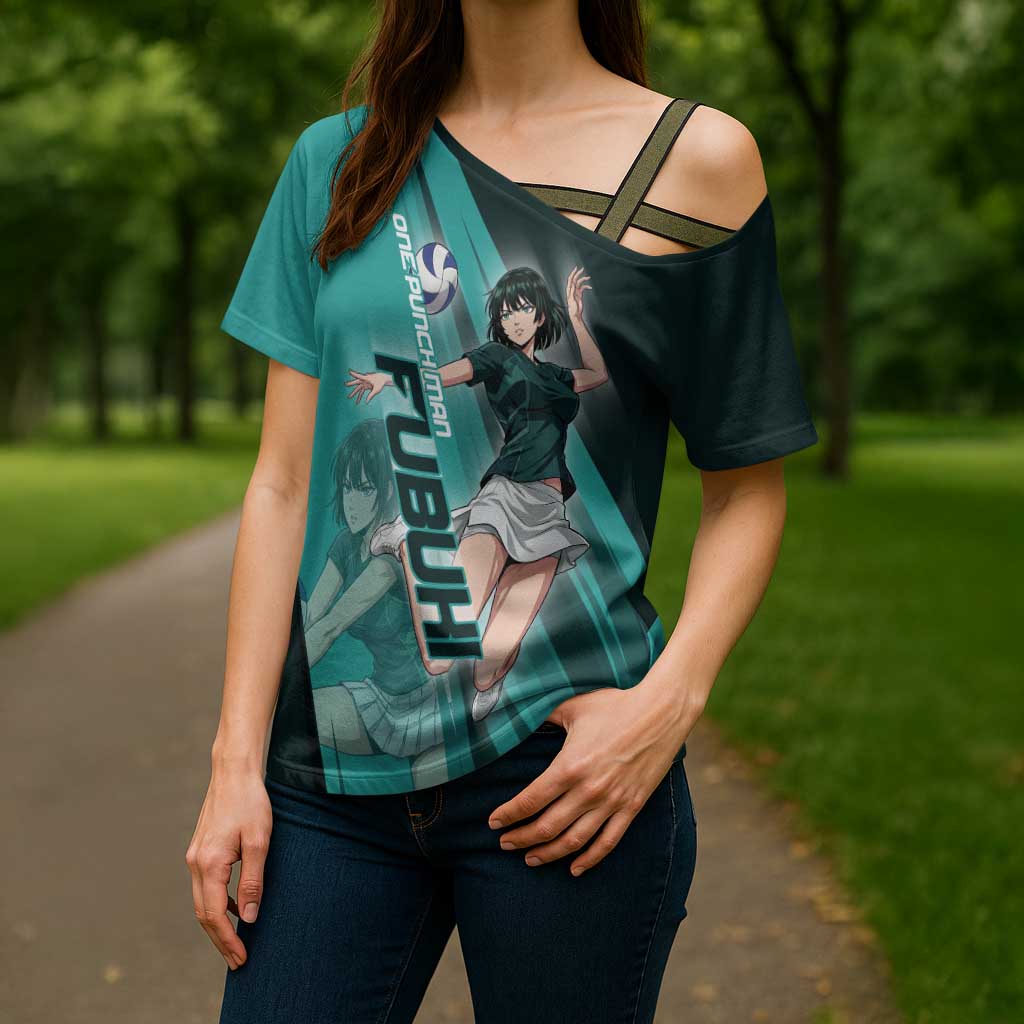 Personalized Fubuki Volleyball Design Cross Shoulder Shirt with Teal Athletic Theme and Dynamic Action Pose