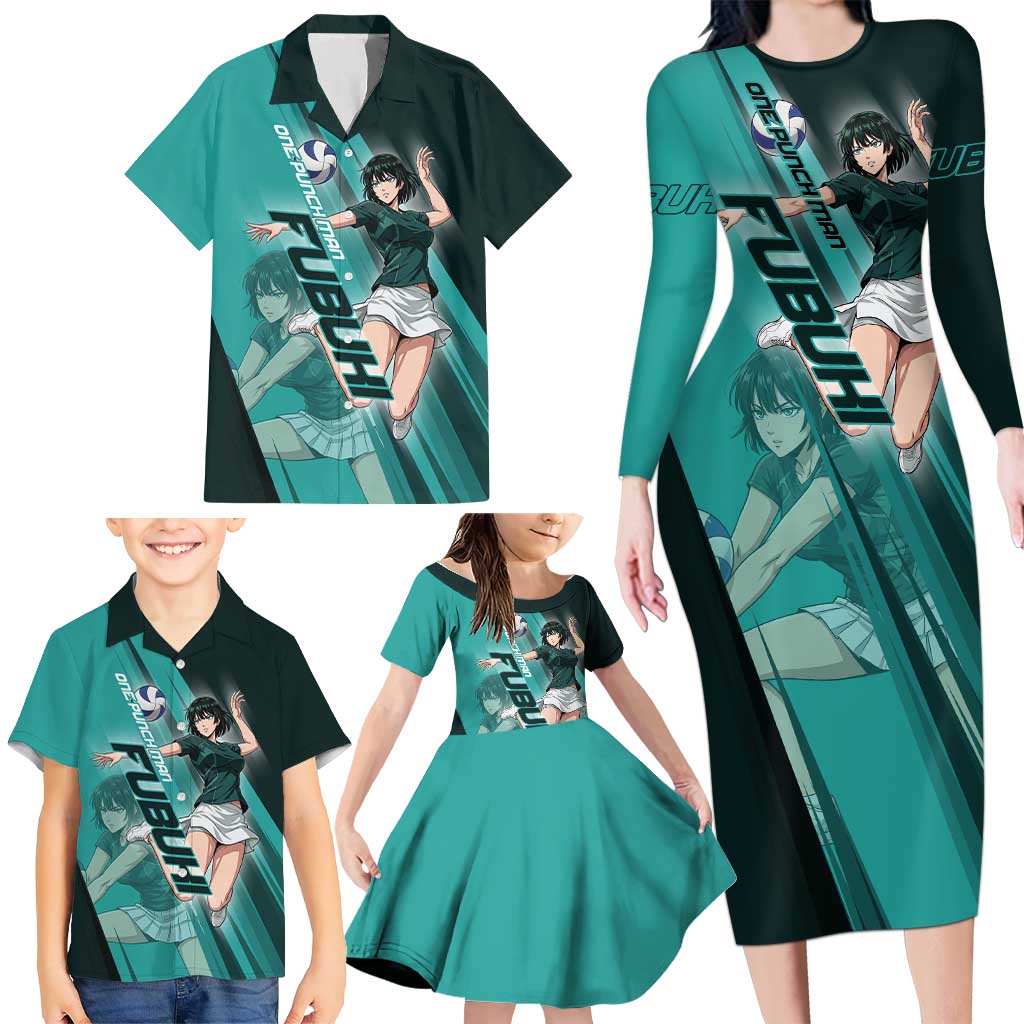 Personalized Fubuki Volleyball Design Family Matching Long Sleeve Bodycon Dress and Hawaiian Shirt with Teal Athletic Theme and Dynamic Action Pose