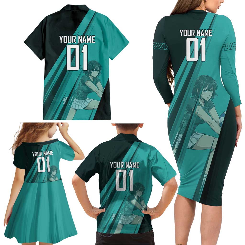 Personalized Fubuki Volleyball Design Family Matching Long Sleeve Bodycon Dress and Hawaiian Shirt with Teal Athletic Theme and Dynamic Action Pose