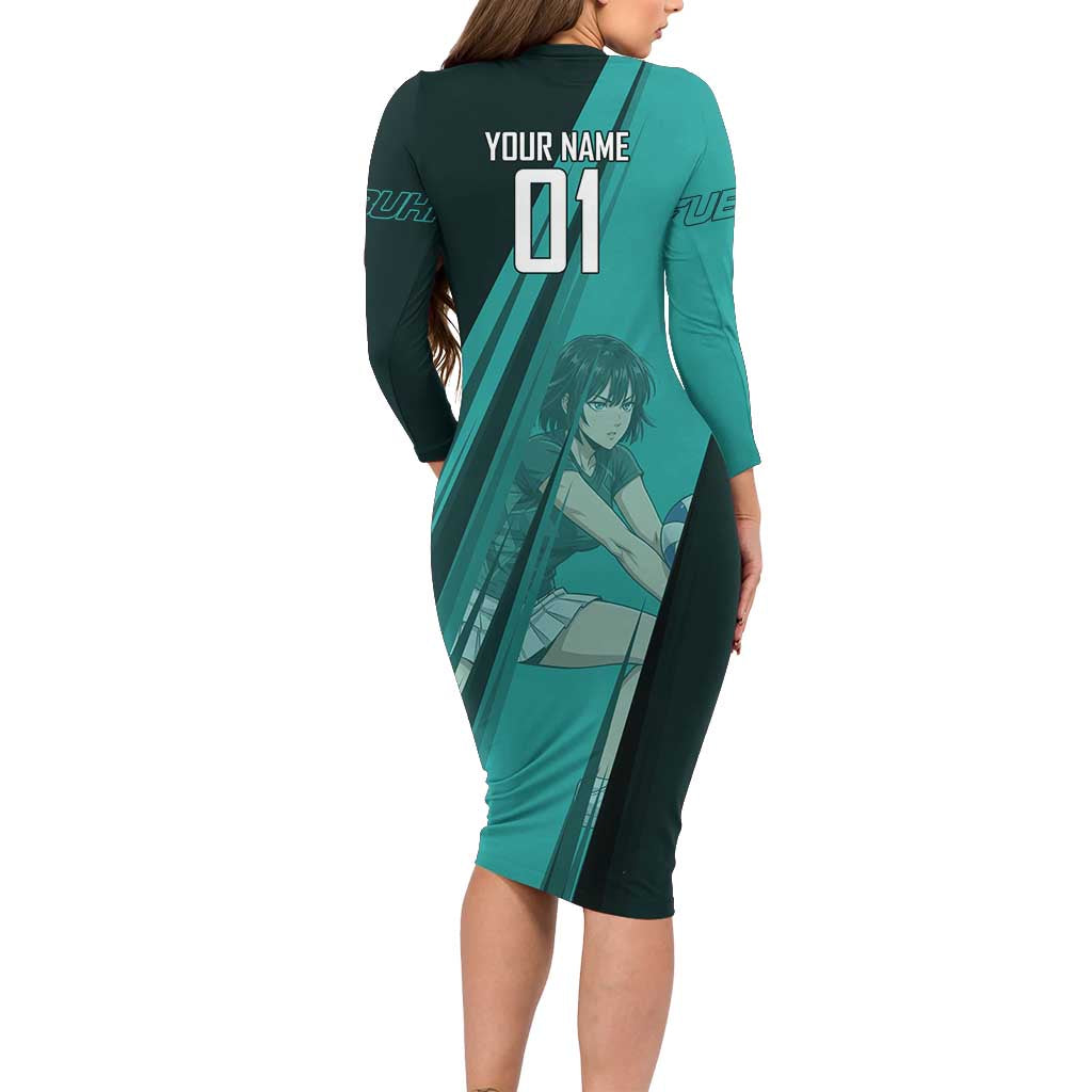 Personalized Fubuki Volleyball Design Family Matching Long Sleeve Bodycon Dress and Hawaiian Shirt with Teal Athletic Theme and Dynamic Action Pose