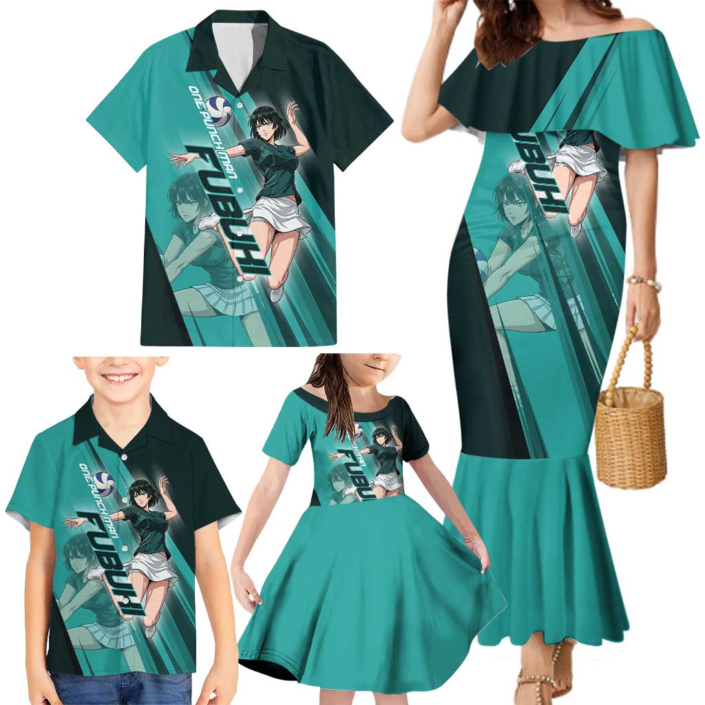 Personalized Fubuki Volleyball Design Family Matching Mermaid Dress and Hawaiian Shirt with Teal Athletic Theme and Dynamic Action Pose