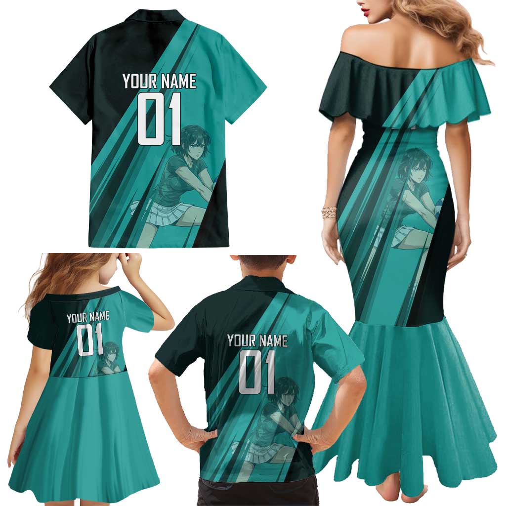 Personalized Fubuki Volleyball Design Family Matching Mermaid Dress and Hawaiian Shirt with Teal Athletic Theme and Dynamic Action Pose
