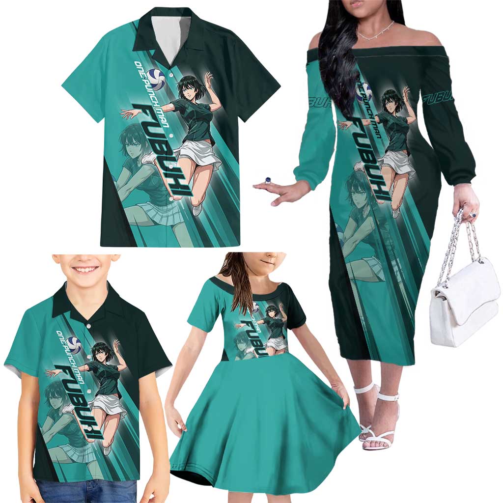 Personalized Fubuki Volleyball Design Family Matching Off The Shoulder Long Sleeve Dress and Hawaiian Shirt with Teal Athletic Theme and Dynamic Action Pose