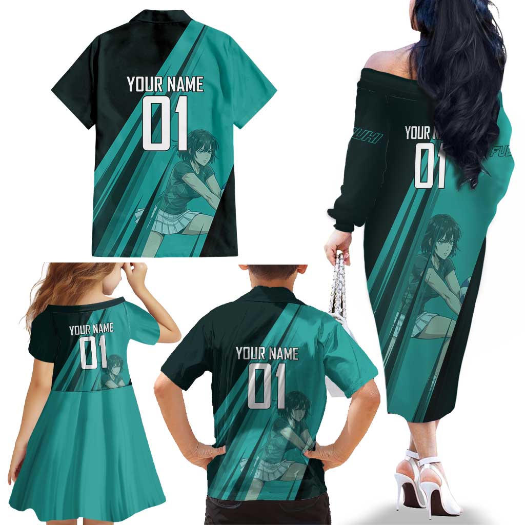 Personalized Fubuki Volleyball Design Family Matching Off The Shoulder Long Sleeve Dress and Hawaiian Shirt with Teal Athletic Theme and Dynamic Action Pose