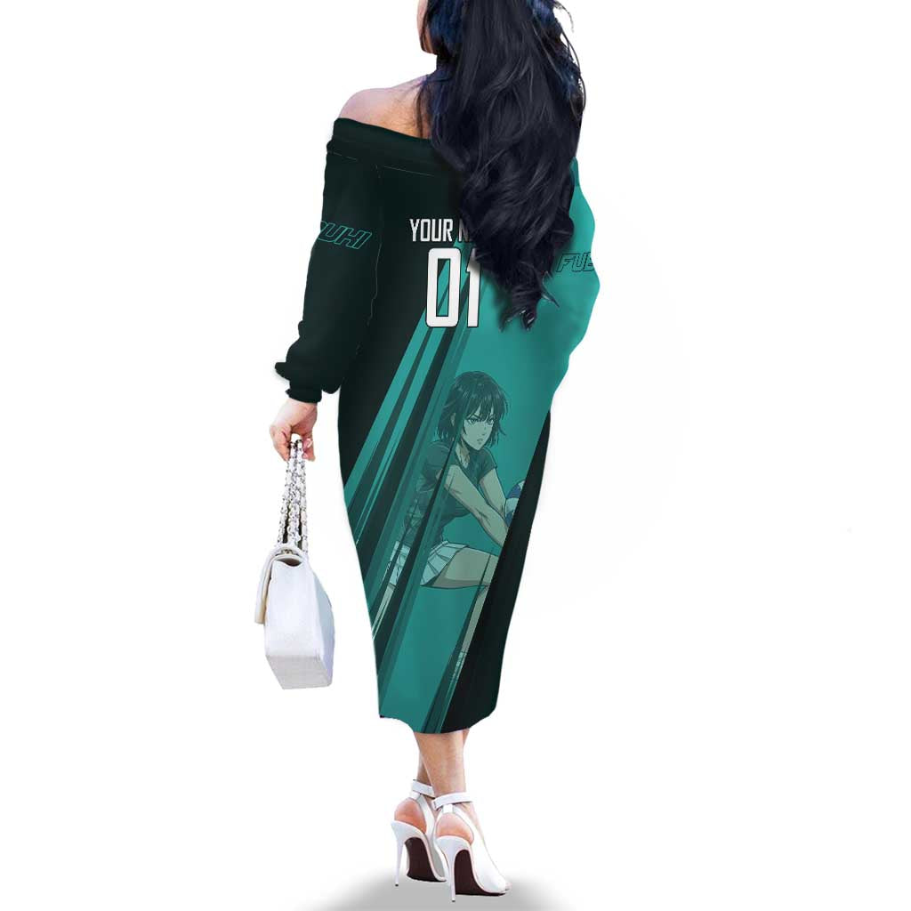 Personalized Fubuki Volleyball Design Family Matching Off The Shoulder Long Sleeve Dress and Hawaiian Shirt with Teal Athletic Theme and Dynamic Action Pose
