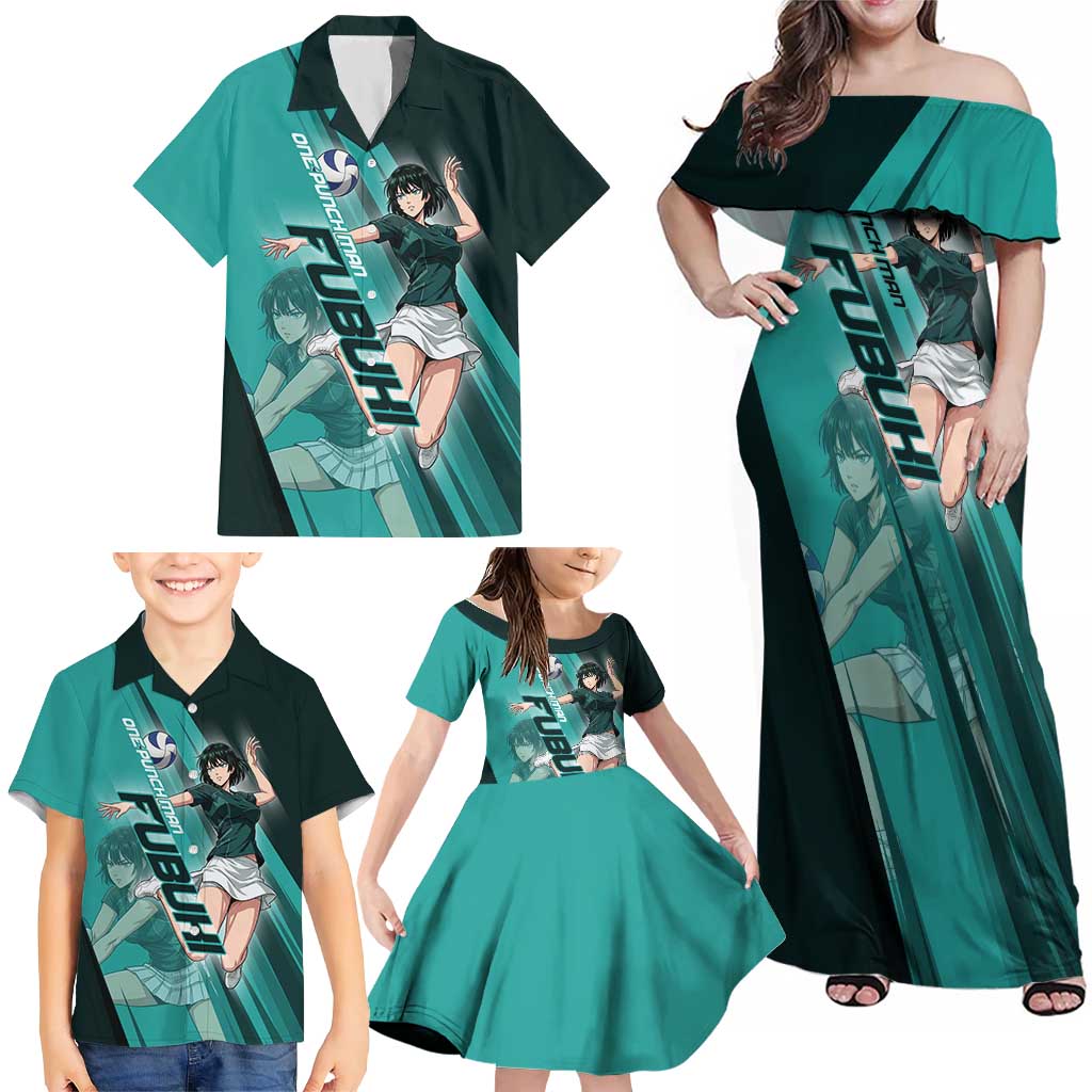 Personalized Fubuki Volleyball Design Family Matching Off Shoulder Maxi Dress and Hawaiian Shirt with Teal Athletic Theme and Dynamic Action Pose