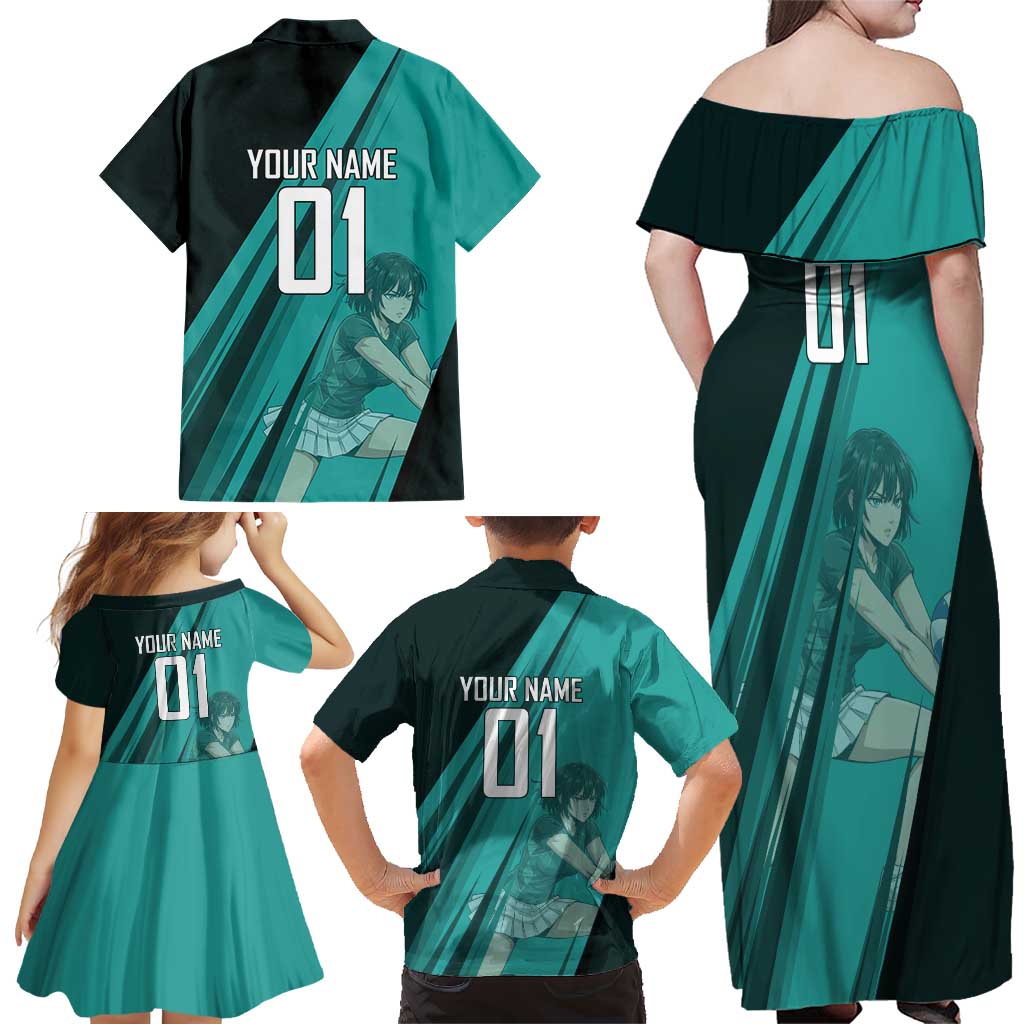 Personalized Fubuki Volleyball Design Family Matching Off Shoulder Maxi Dress and Hawaiian Shirt with Teal Athletic Theme and Dynamic Action Pose