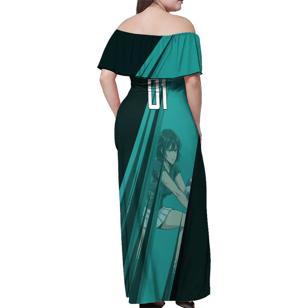 Personalized Fubuki Volleyball Design Family Matching Off Shoulder Maxi Dress and Hawaiian Shirt with Teal Athletic Theme and Dynamic Action Pose