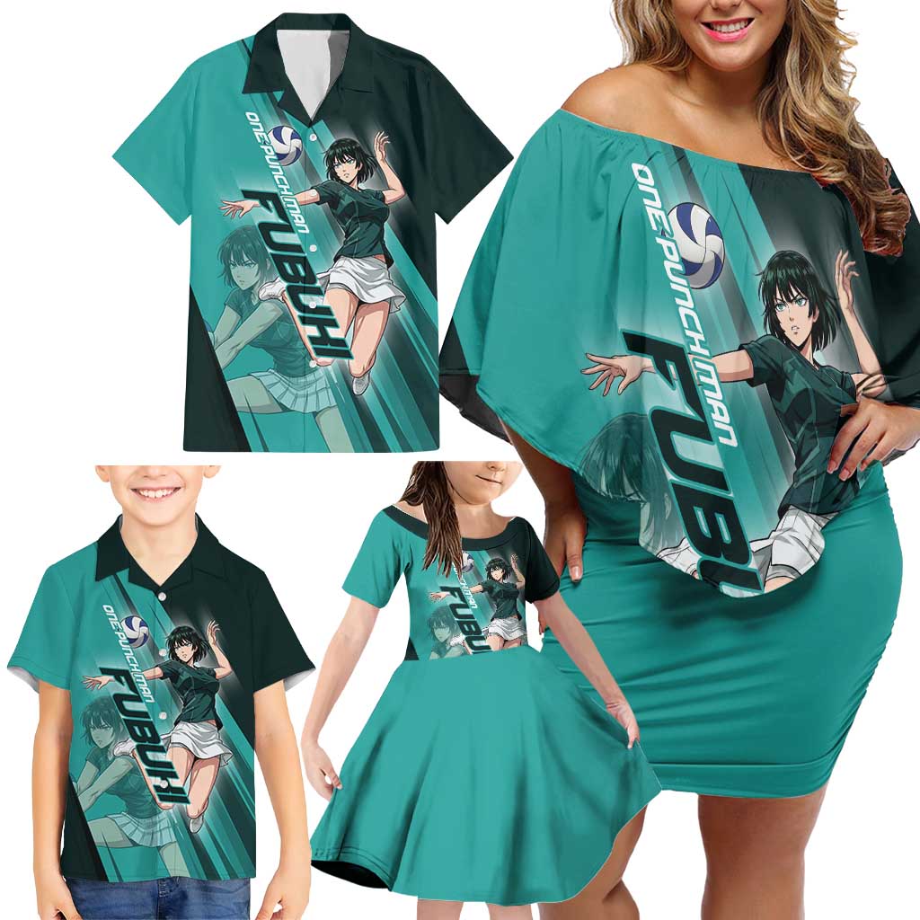 Personalized Fubuki Volleyball Design Family Matching Off Shoulder Short Dress and Hawaiian Shirt with Teal Athletic Theme and Dynamic Action Pose