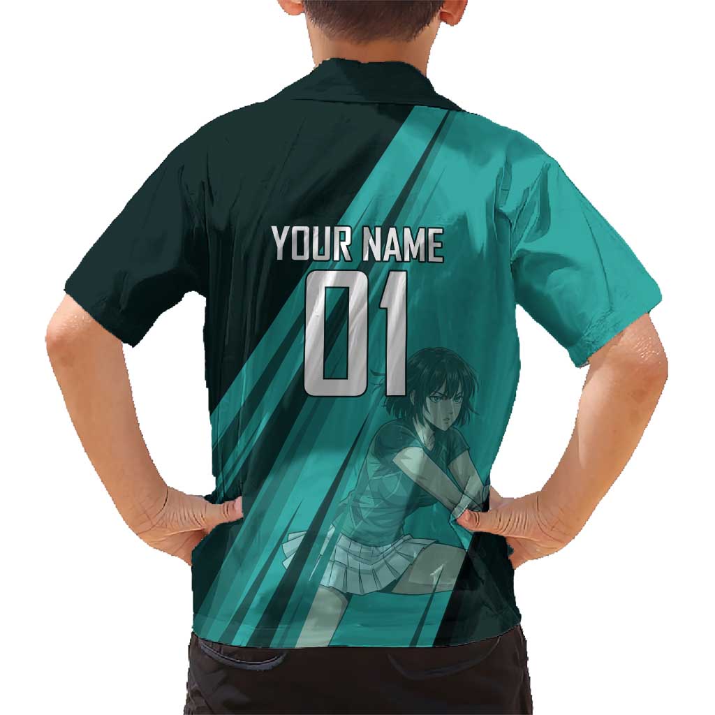 Personalized Fubuki Volleyball Design Family Matching Off Shoulder Short Dress and Hawaiian Shirt with Teal Athletic Theme and Dynamic Action Pose