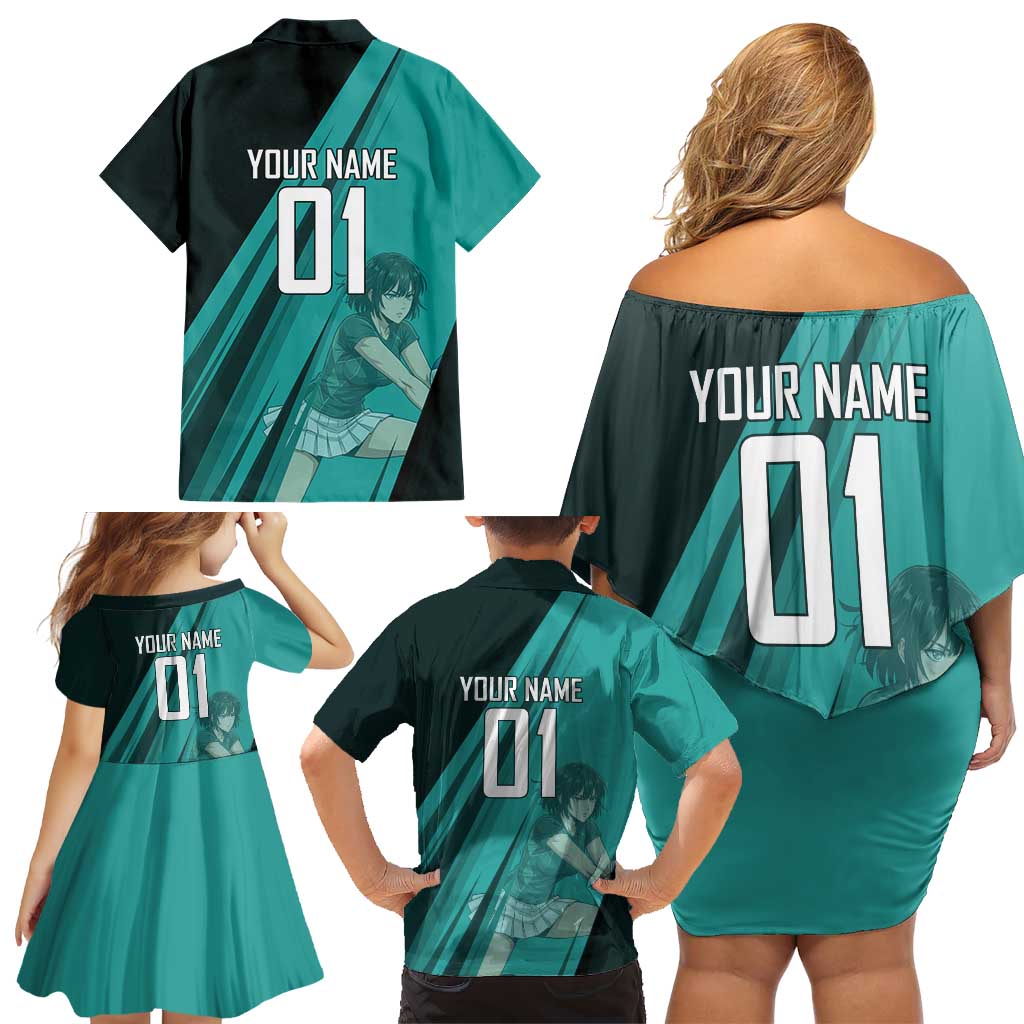Personalized Fubuki Volleyball Design Family Matching Off Shoulder Short Dress and Hawaiian Shirt with Teal Athletic Theme and Dynamic Action Pose