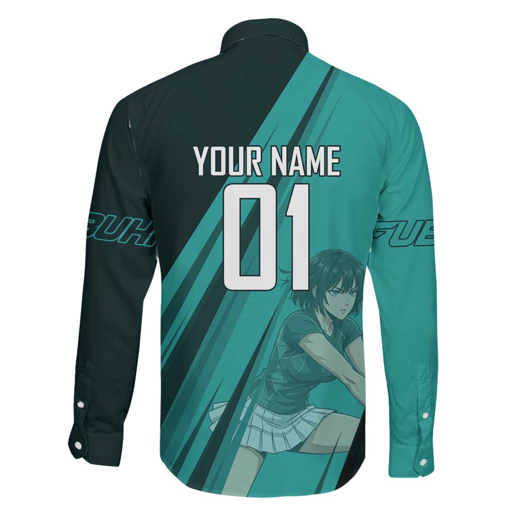 Personalized Fubuki Volleyball Design Family Matching Off Shoulder Short Dress and Hawaiian Shirt with Teal Athletic Theme and Dynamic Action Pose