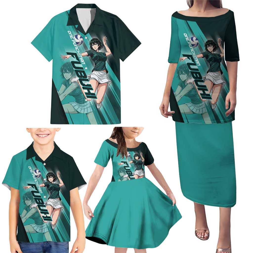 Personalized Fubuki Volleyball Design Family Matching Puletasi and Hawaiian Shirt with Teal Athletic Theme and Dynamic Action Pose