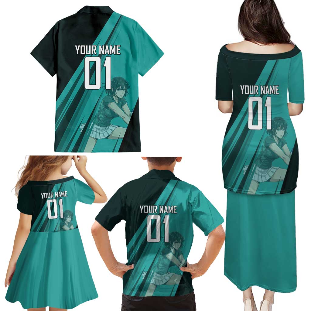 Personalized Fubuki Volleyball Design Family Matching Puletasi and Hawaiian Shirt with Teal Athletic Theme and Dynamic Action Pose