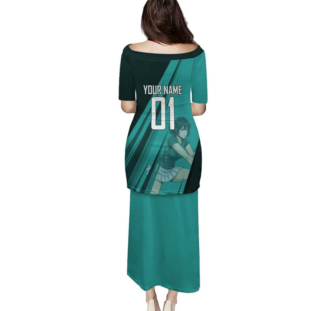 Personalized Fubuki Volleyball Design Family Matching Puletasi and Hawaiian Shirt with Teal Athletic Theme and Dynamic Action Pose