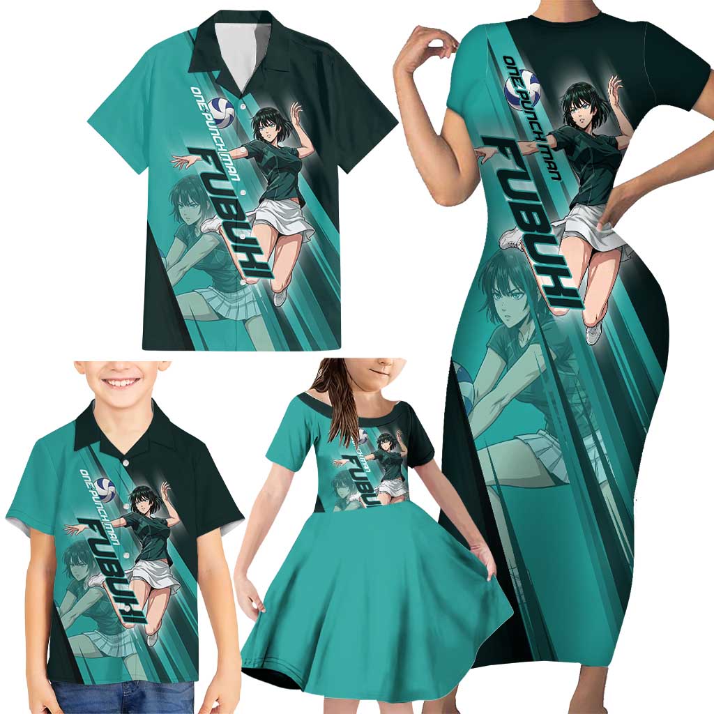 Personalized Fubuki Volleyball Design Family Matching Short Sleeve Bodycon Dress and Hawaiian Shirt with Teal Athletic Theme and Dynamic Action Pose